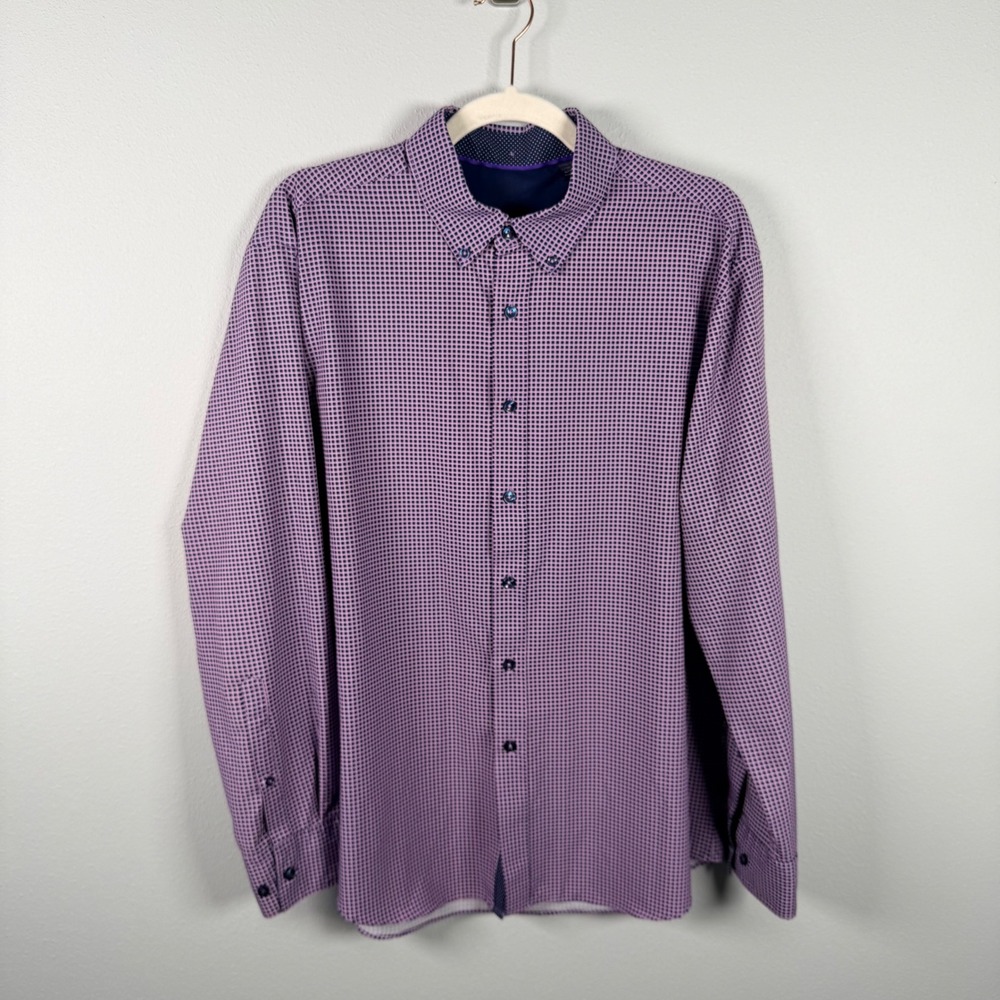 ConStruct Mens Slim Fit Purple Check Performance Dress Shirt Large Long Sleeve
